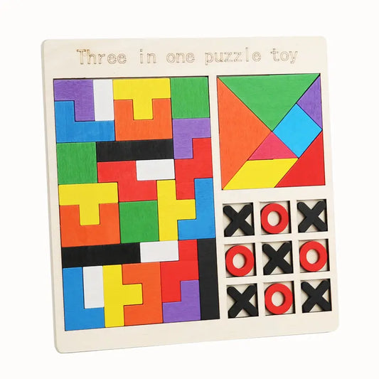 3 in 1 wooden Tetris Tangram and Tic tac Toe  puzzle Game for kids